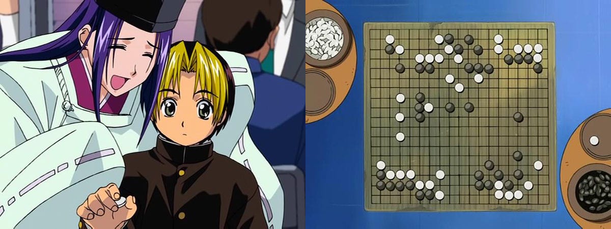 Two images from Hikaru No Go. One of Sai encouraging Hikaru, and the other of a Go board with a game in progress.