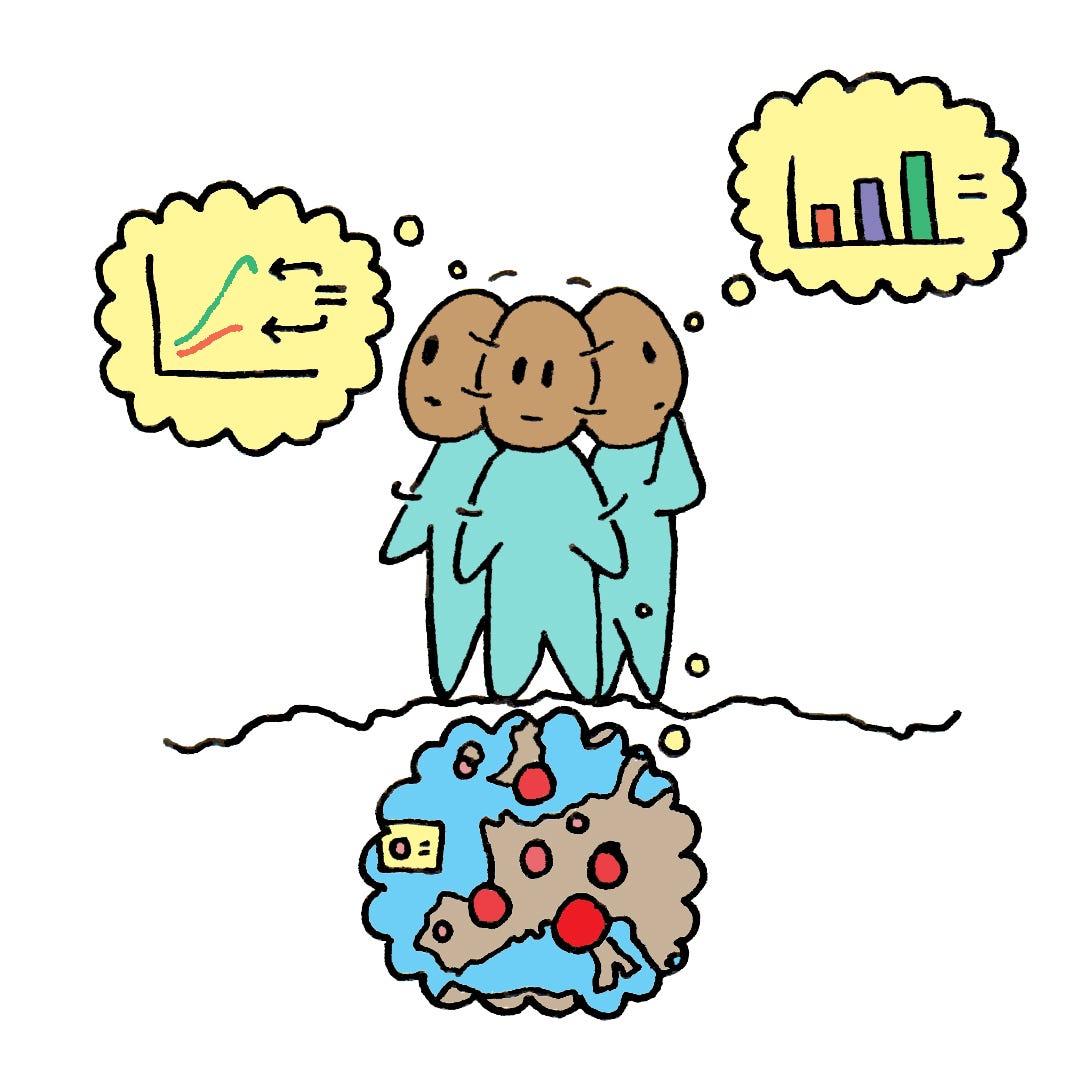 Image of the previous person now standing on a rocky ground and the data visualisation are now contained in thought bubbles.