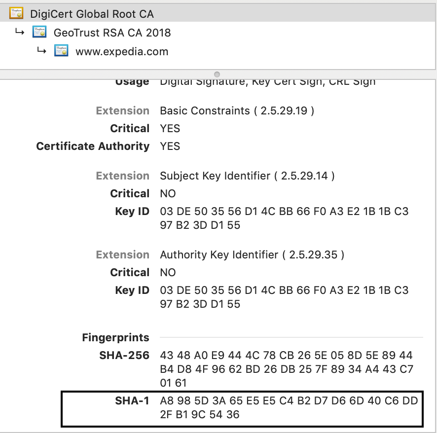 Screen shot of a web browser's certificate viewer showing the Root CA for expedia.com with the highlighted SHA-1 fingerprint