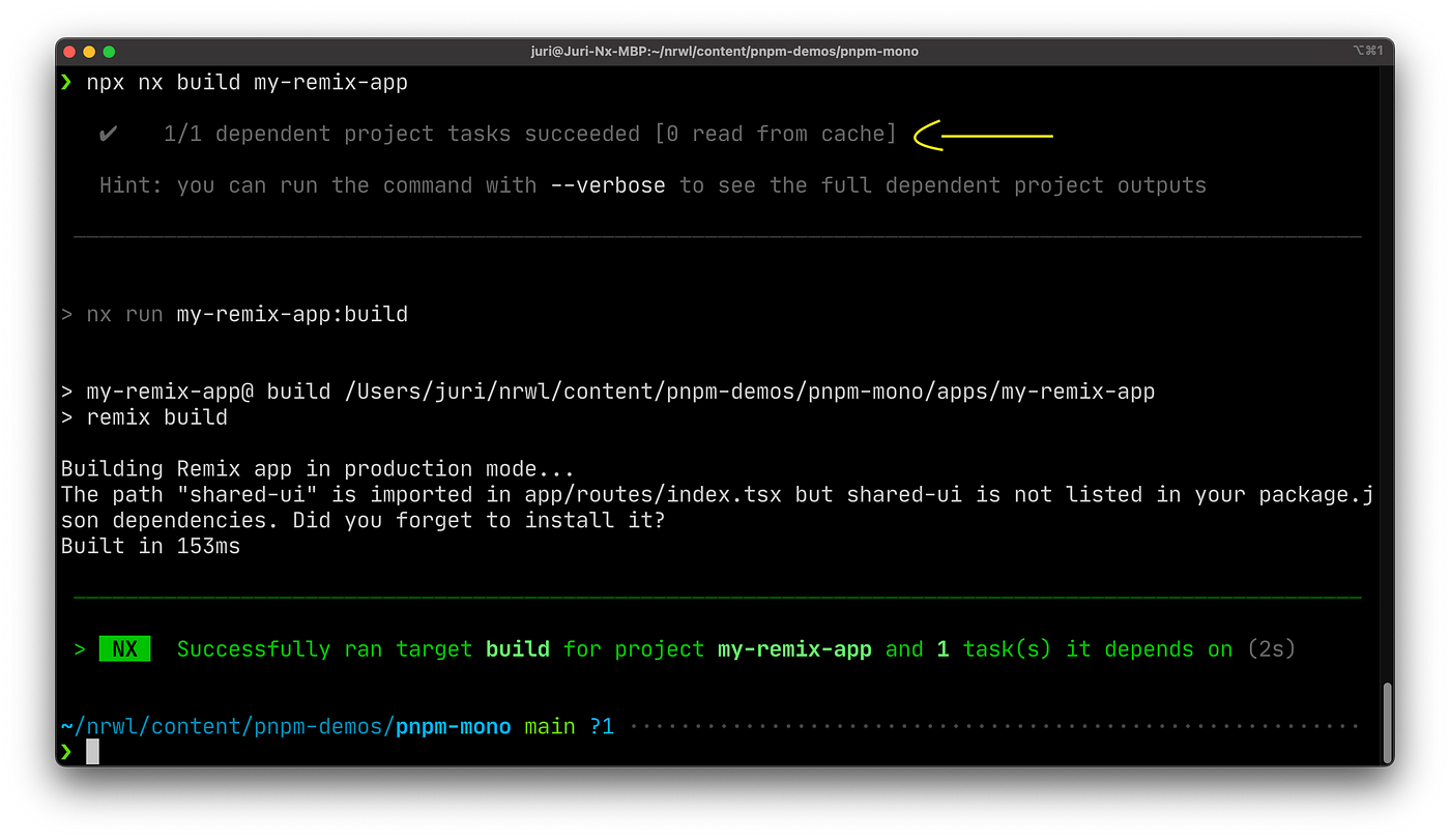 Terminal output of Nx showing a line indicating that dependent projects are being built
