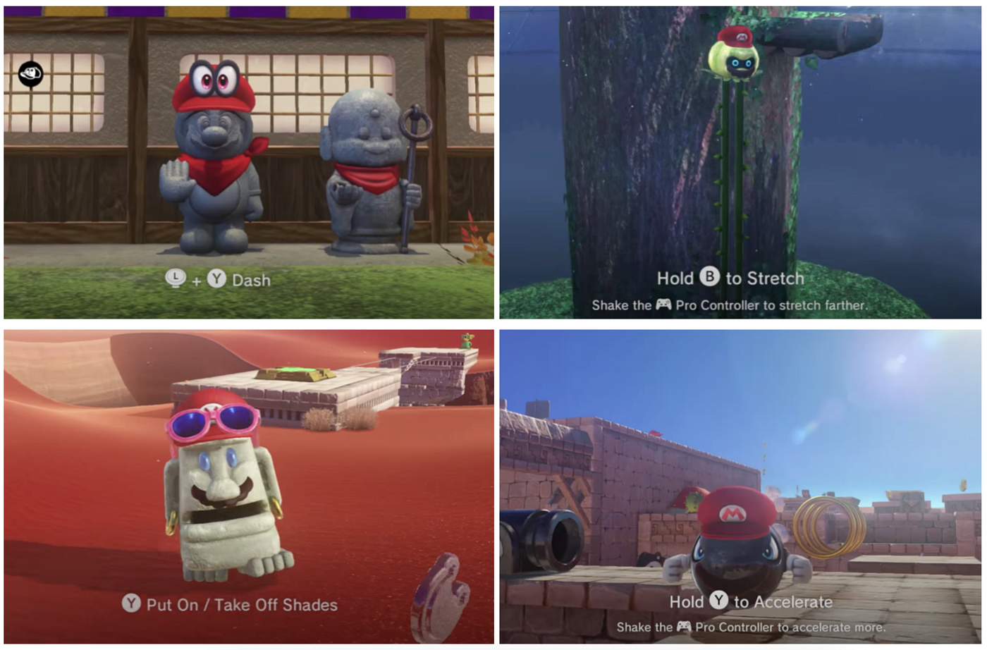 Mario possessing the appearances of captured enemies and objects — stone figures, long-legged plant and a bullet bill.