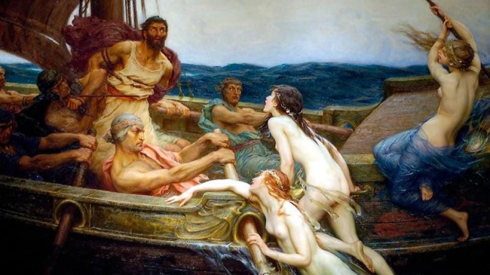 Escena de la Odisea donde Ulises se ata al palo del mástil para evitar sucumbir al canto de las sirenas. Pintura de Herbert James Draper (1909).