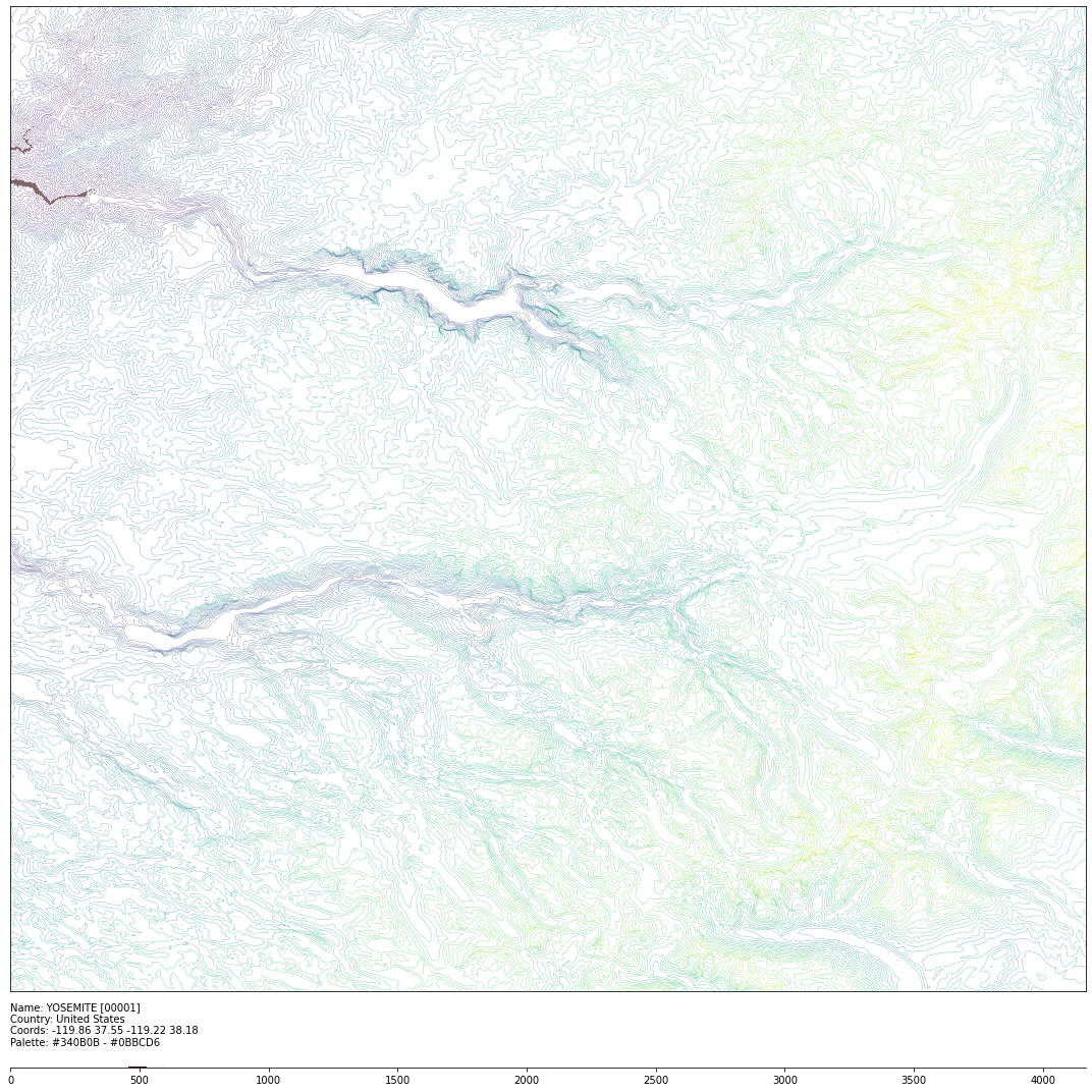 An unfilled contour map of Yosemite National Park