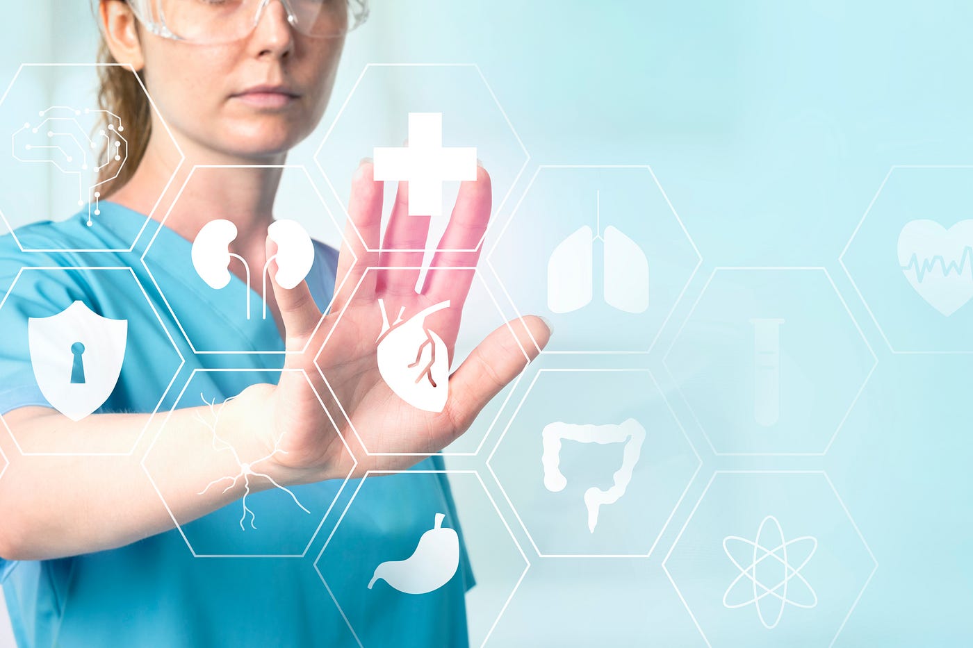 Female doctor with smart glasses touching virtual screen medical technology