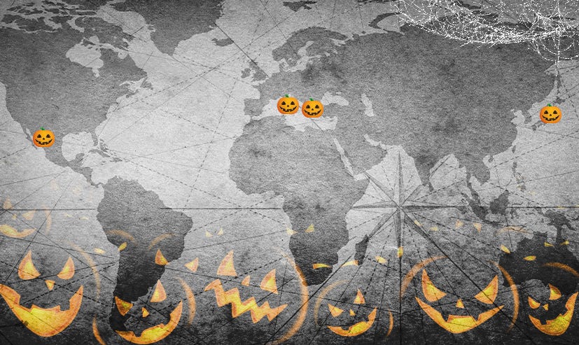 A black & white map w/ pumpkins on top of Mexico, Greece, Italy & Japan. Silhouettes of jack’o lanterns line the bottom