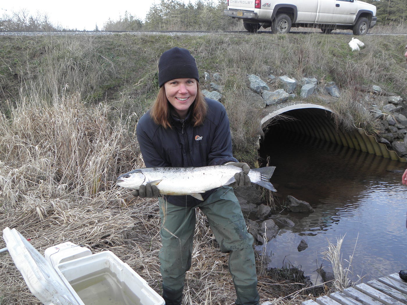 FWS staff Madeleine Vander Heyden shows off a salmon she caught in the fish trap near a project site