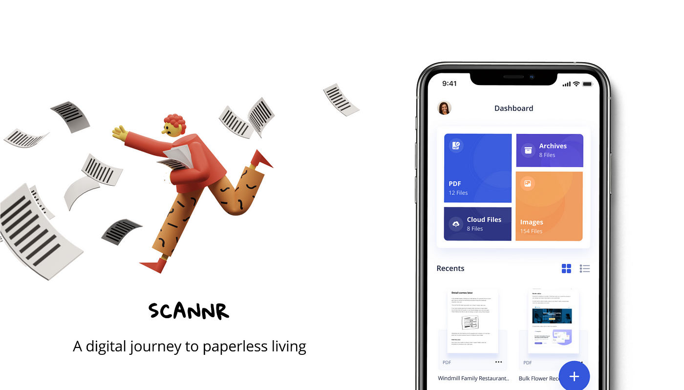 A background picture depicting a man chasing after papers and Scannr standing side by side.