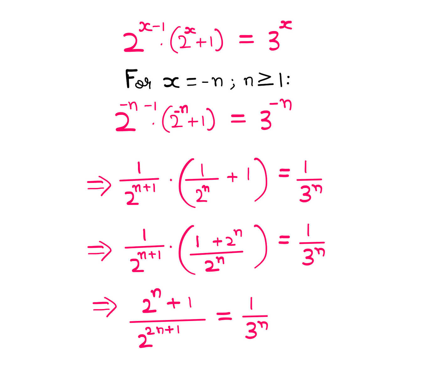 How To Really Solve This Tricky Algebra Problem? (II) — 2^(x-1)*(2^x+1) = 3^x; For x=-n where n≥1: 2^(x-1)*(2^x+1) = 3^x → 2^(-n-1)*(2^-n+1) = 3^-n → (1/2^(n+1))* ((1/2^n)+1) = 1/3^n → (1/2^(n+1))*[(1+2^n)/2^n] = 1/3^n → (2^n+1)/(2^(n+1)) = 1/3^n