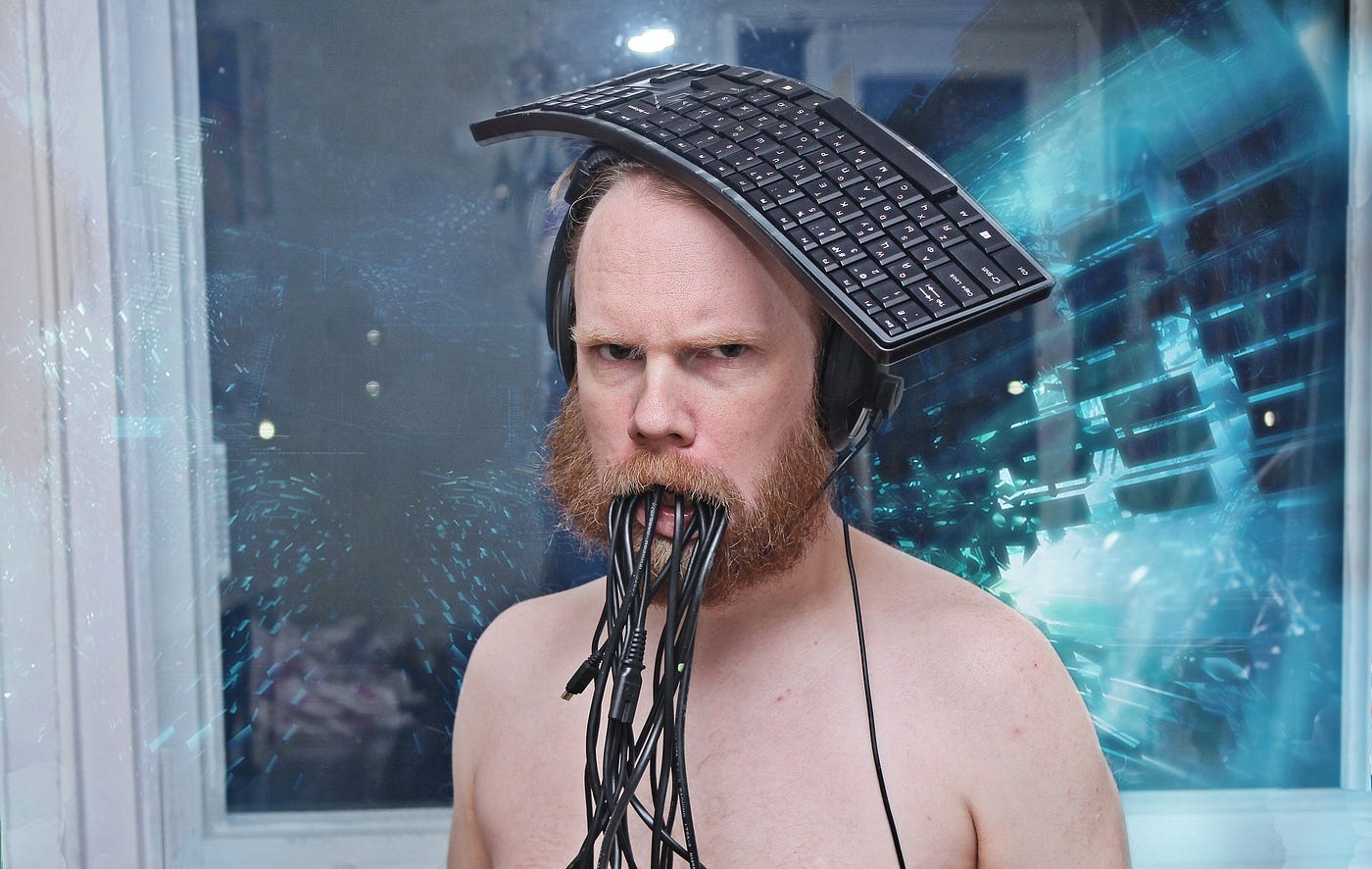 Procrastination: A man keeps places the keyboard over his head while eating wires