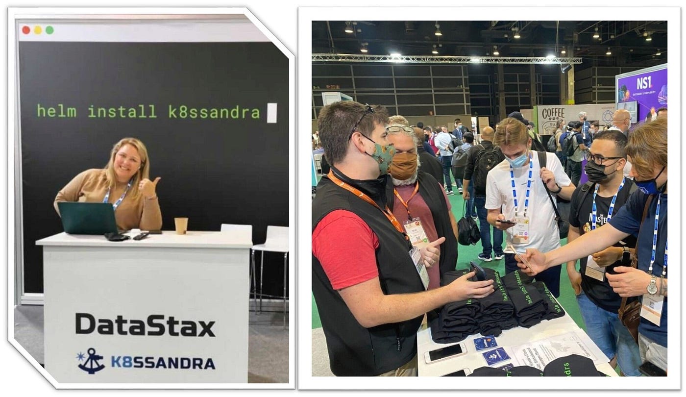 Image of the DataStax booth and developers discussing their projects with the DataStax engineers on hand