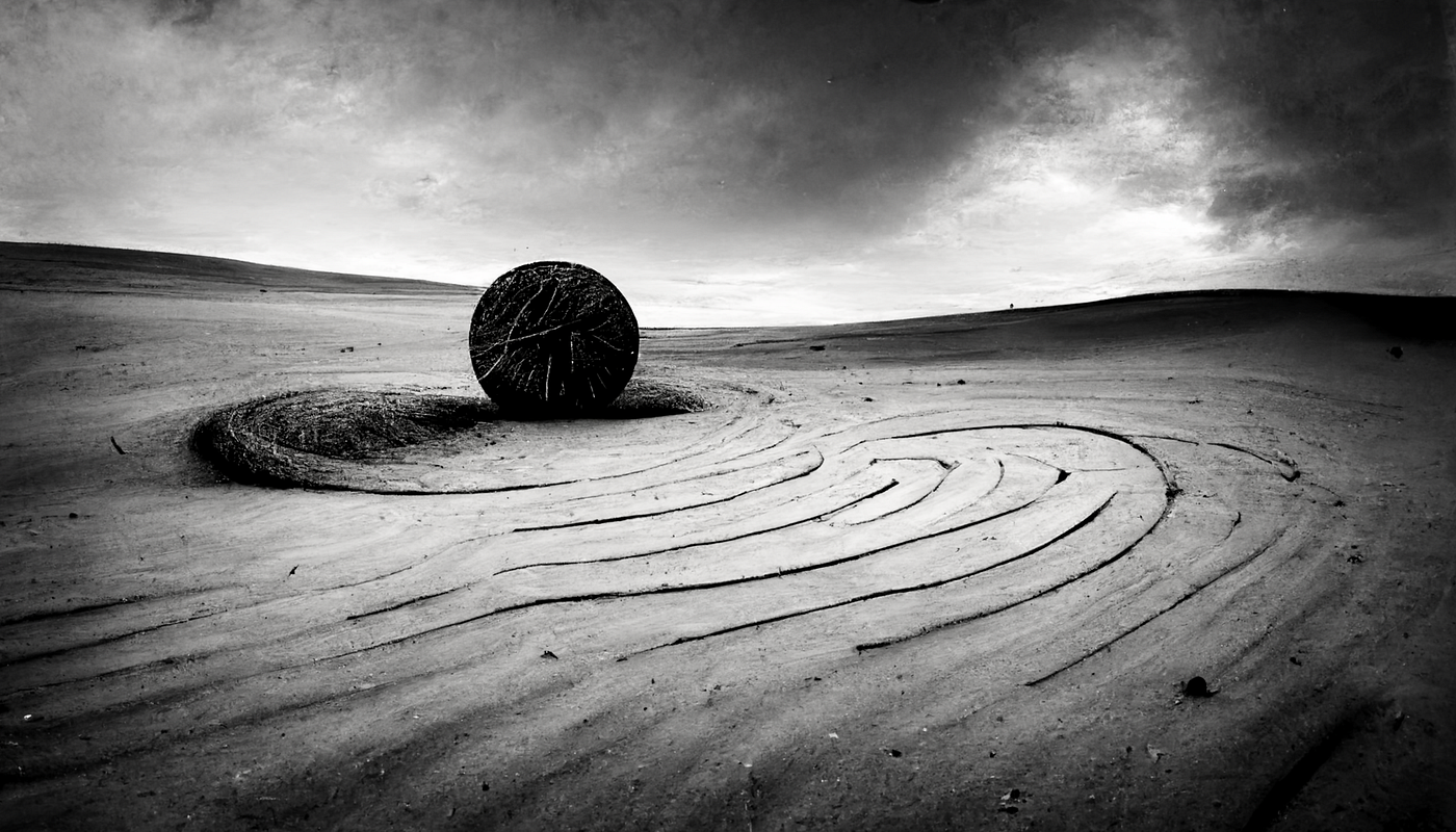 A large wooden circle sits in the sand, waves blown around it, like it’s been there for months. Black and white photograph style.