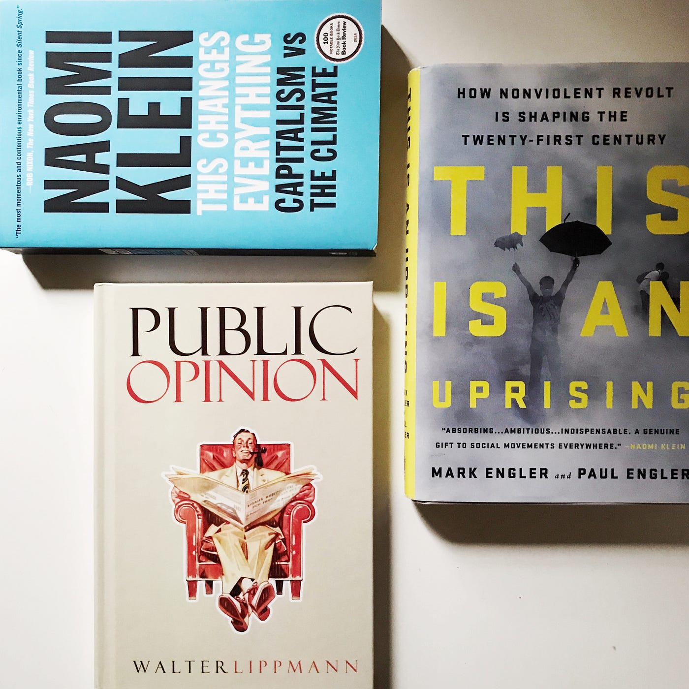 Book covers of This Changes Everything, Public Opinion, This is Uprising.