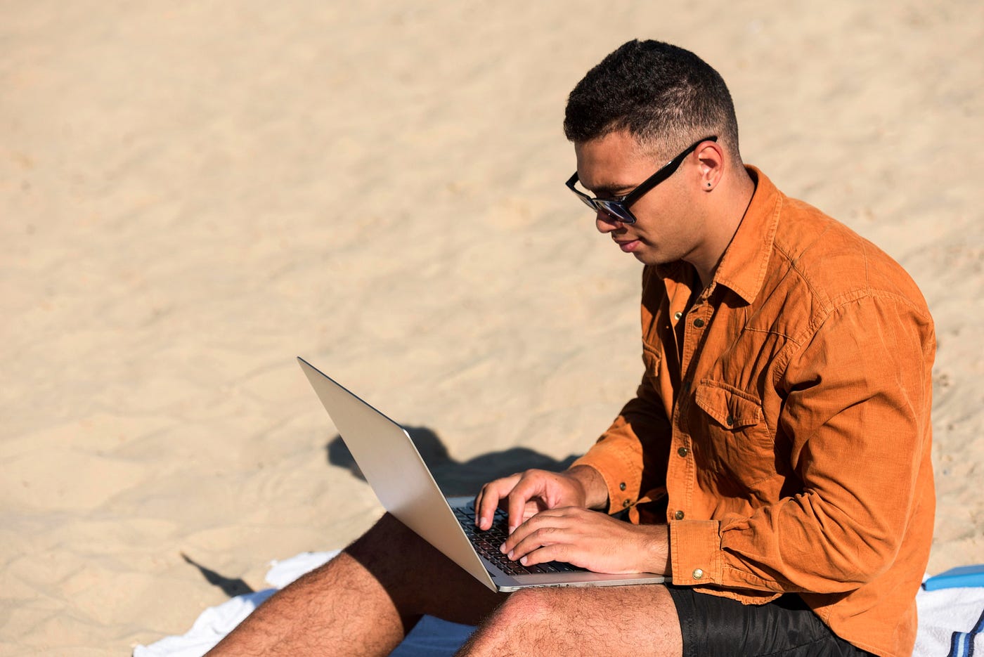 A man learning how to get rich in his underwear.