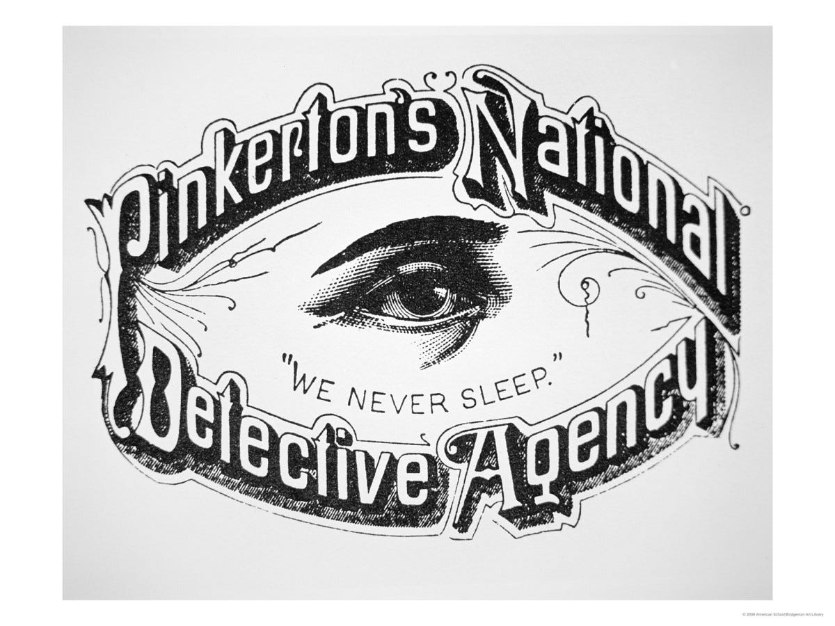 A logo that says “Pinketon’s National Detective Agency we never sleep” around an open eye