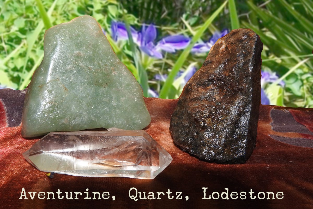 aventurine, quartz crystal point, lodestone