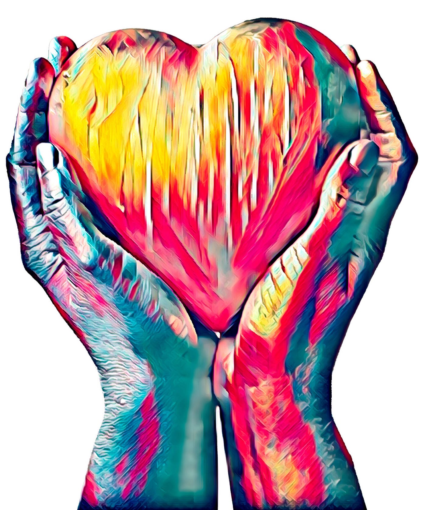 Hands holding a beating heart that’s growing at 1% a day. Colorful picture.