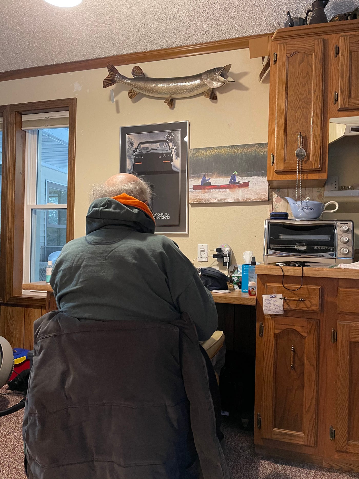 A balding man sitting at his desk beneath a mounted Northern Pike, a Buick Grand National GNX poster, and a canvas print of paddling down a river.