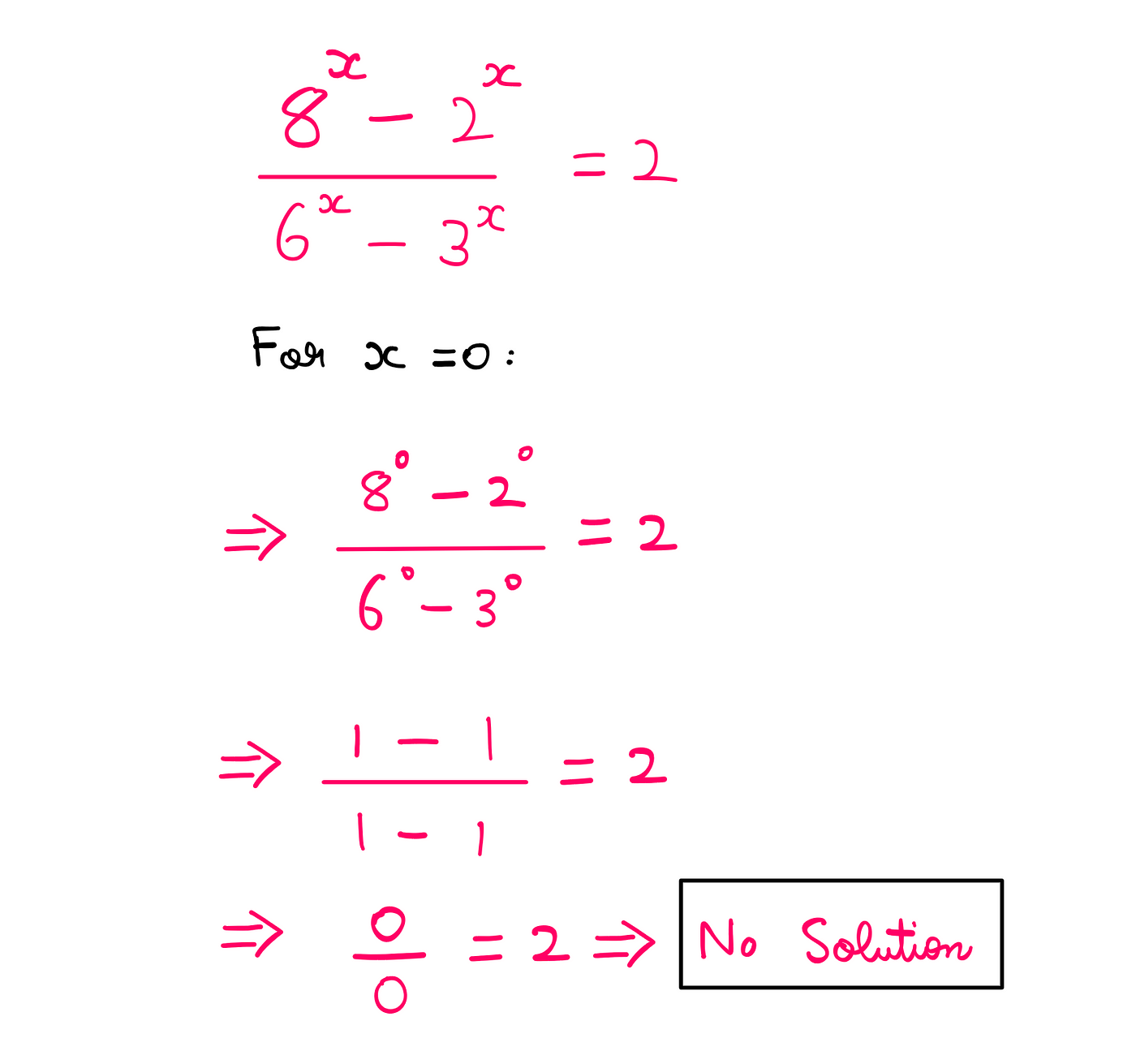 How To Really Solve This Tricky Algebra Problem? (II) — (8^x — 2^x)/(6^x — 3^x) = 2; For x = 0: (8⁰ — 2⁰)/(6⁰-3⁰) = 2; (1–1)/(1–1) = 2; 0 = 2; therefore, this is not a valid solution.