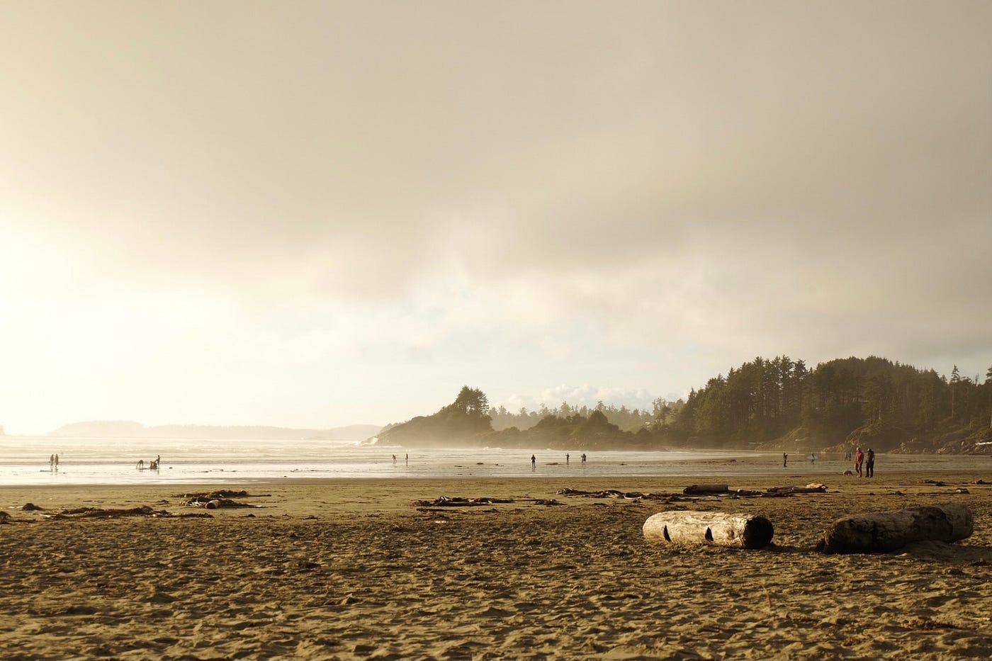 A beach in Tofino at dusk, with people walking in the background.