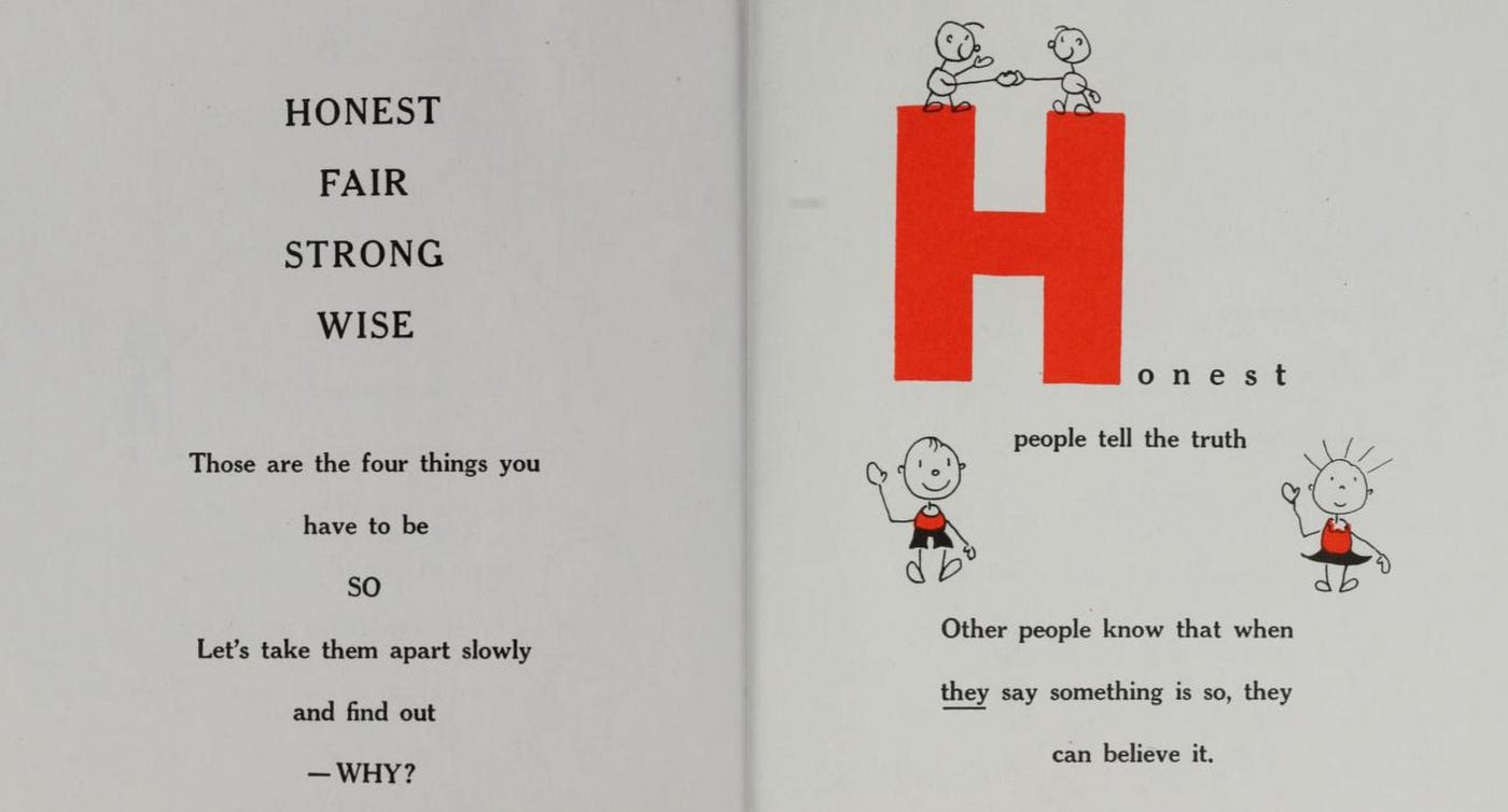 Facing pages from a children’s book reading “HONEST FAIR STRONG WISE, These are the four things you have to be SO Let’s take them apart slowly and find out — WHY? Honest people tell the truth. Other people know that when *they* say something is so, they can believe it.