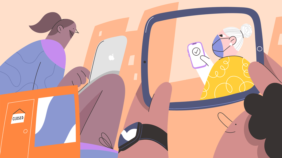 A graphic showing a few people interacting with an app.
