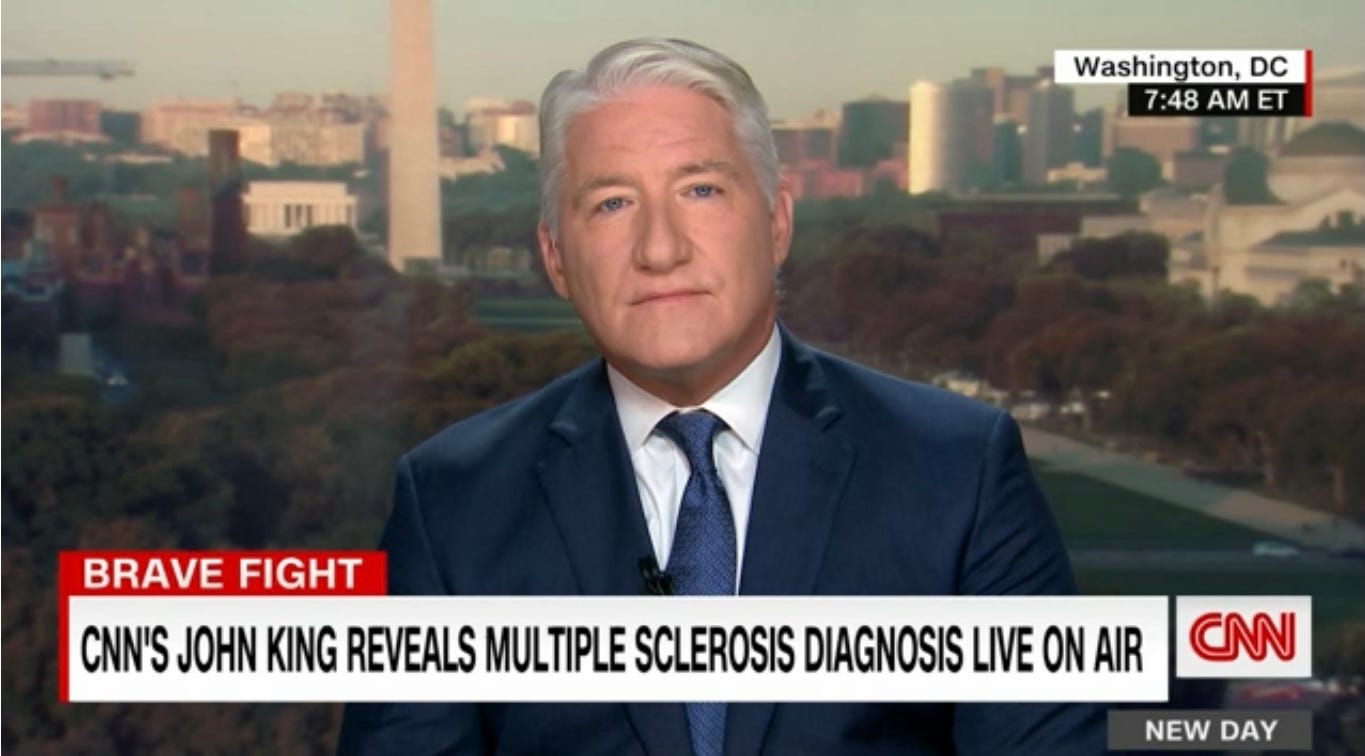 Color photo of CNN screen shot of On-air broadcast of John King, as he reveals he has battled multiple sclerosis for 13 years.
