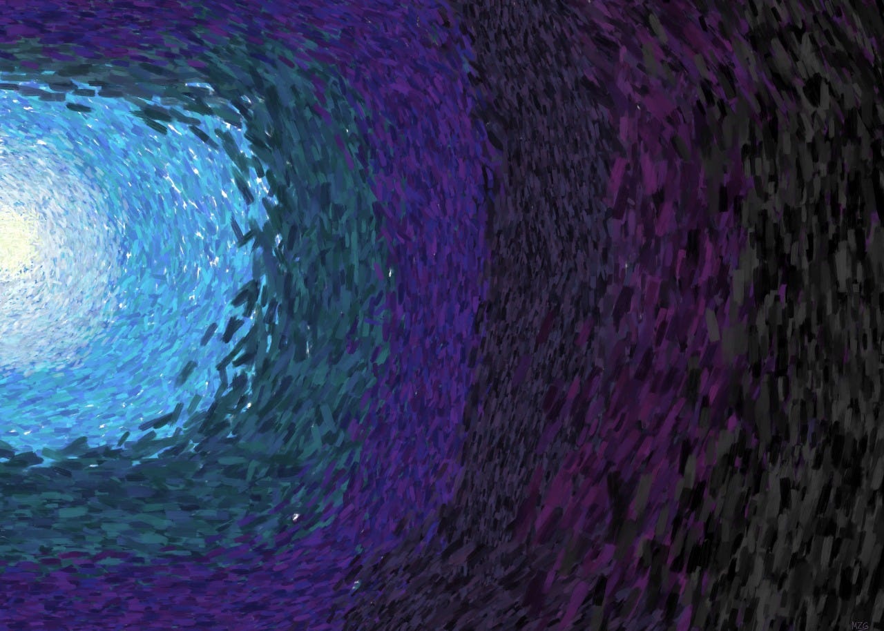 Imagem em degradê, começando com uma luz branca do lado direito, passando por tons de roxo até o mais escuro, quase preto