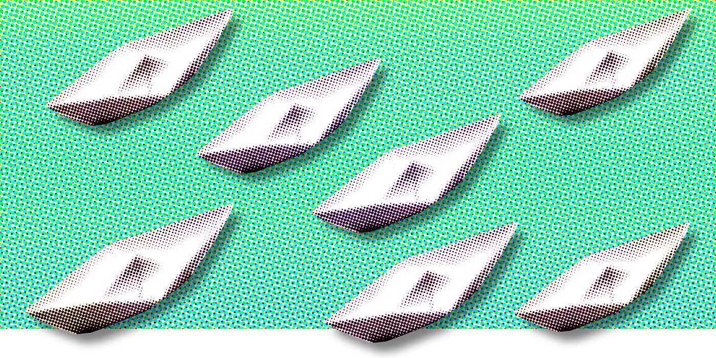 Seven paper boats on a teal surface with a halftone effect