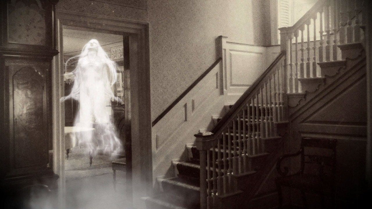 A white ghost of a female floats near an old staircase.