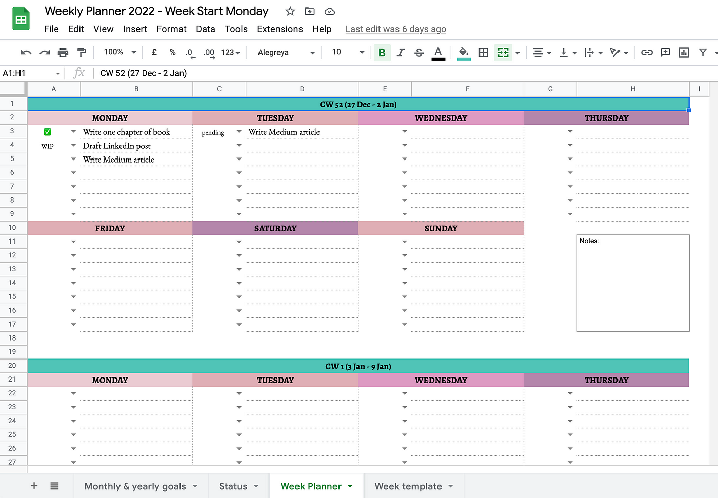 Updated For 2022: Simple Weekly Google Sheets Planner (Free Template) | By  Gracia Kleijnen | Google Sheets Geeks | Medium