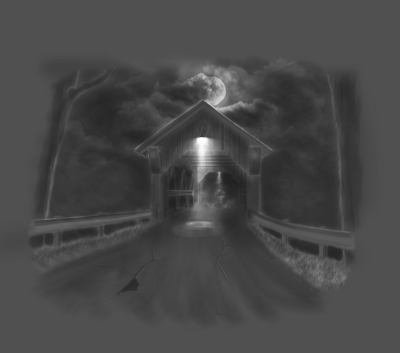 A black and white drawing of a cracked road leading to a bridge. One solitary light shines on the bridge, revealing a figure standing in the distance.