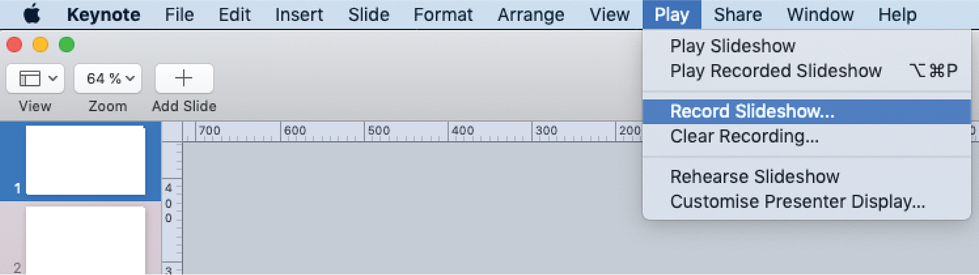 The Play menu of keynote with the Record slideshow option selected.
