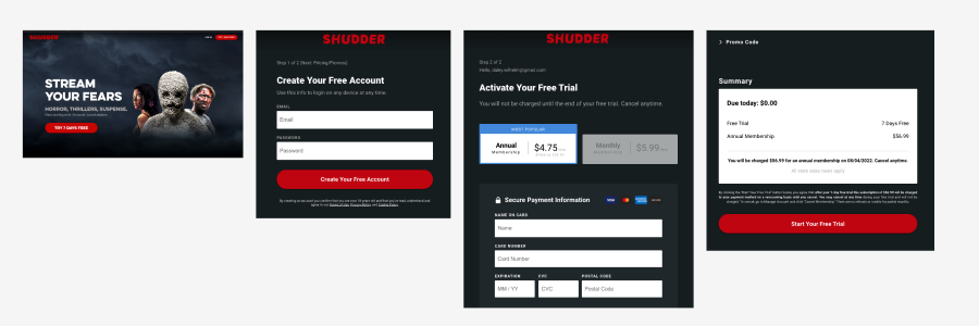 A screenshot of the Shudder sign up pages.