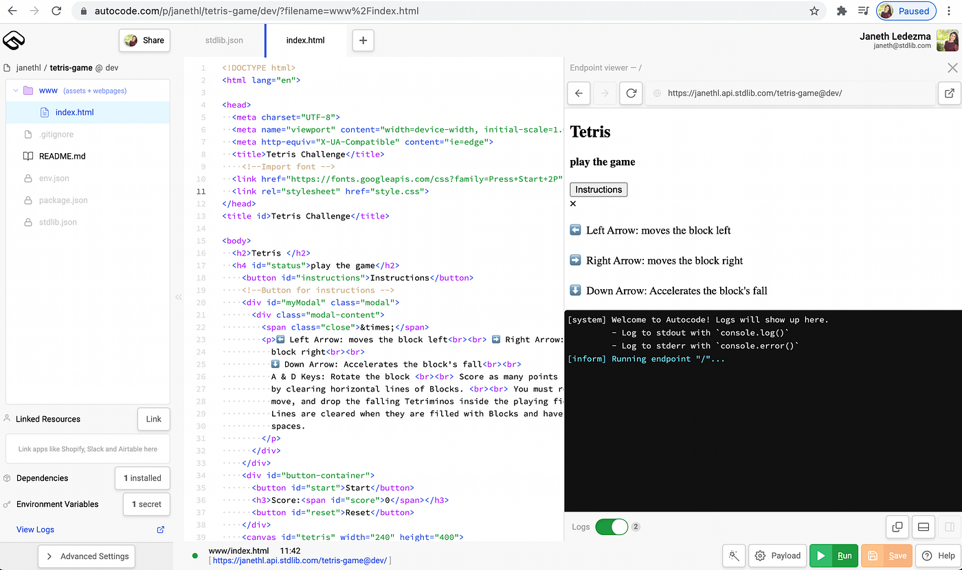 Build a Tetris game with HTML Canvas, CSS, and JavaScript on Autocode | by  Janeth Ledezma Graziani | Level Up Coding