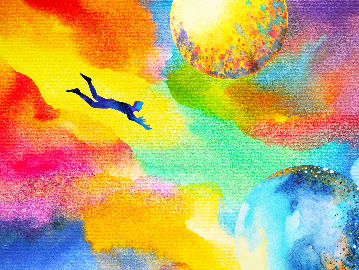 A watercolor abstract illustration of a man swimming through multicolored clouds/space.