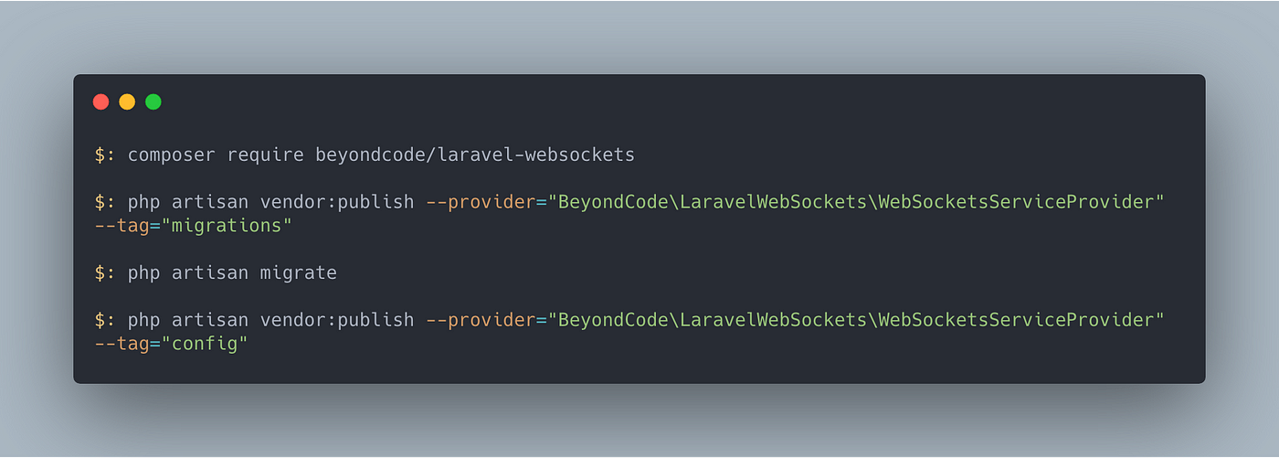 Code screenshot of the steps to install laravel-websockets