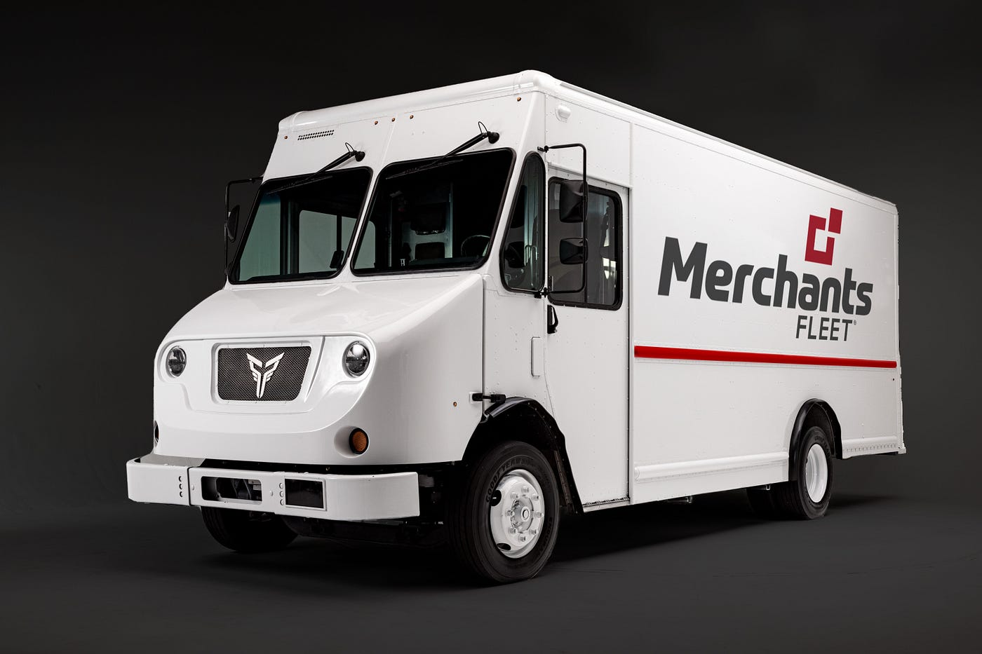 Xos stepvan with Merchants Fleet signage