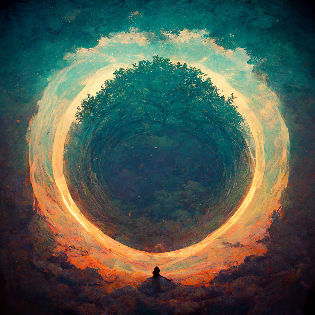 A circle made from negative space. Its orange and teal coloring evokes a sunset, but the dark blue inner circle has a tree growing out the top of it which bleeds into the negative space, breaking it up slightly. Its edges are imperfect. A figure looks up at it from below, as if dreaming it.