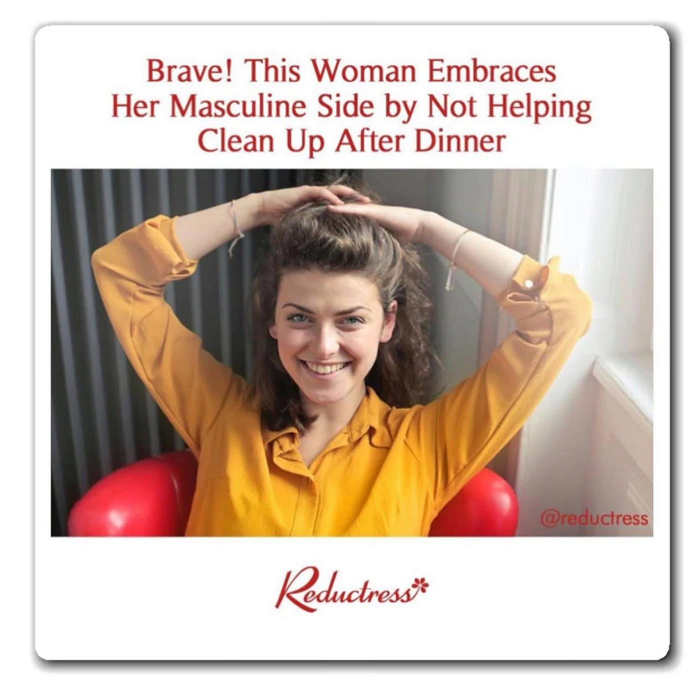 An image from the Instagram account of Reductress, showing a woman not cleaning up after dinner.
