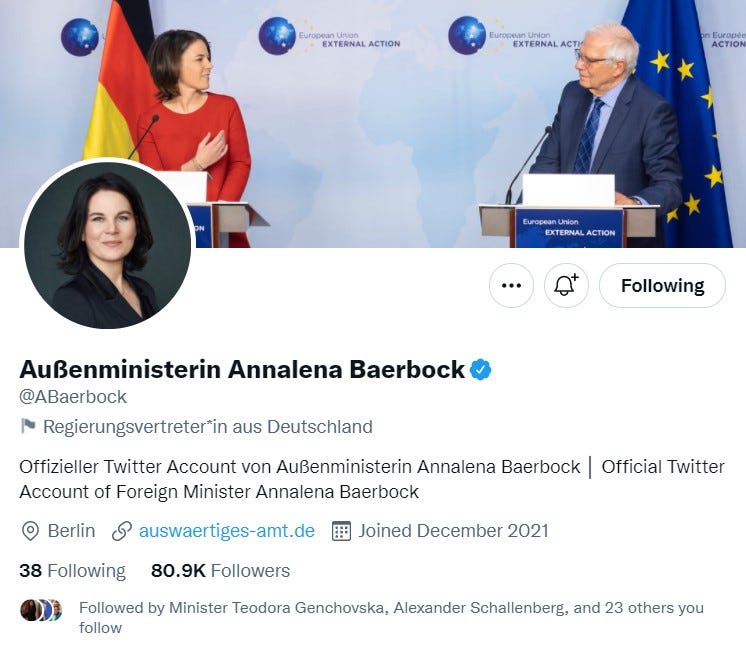 Screenshot of the Twitter account of Germany’s Foreign Minister Annalena Baerbock