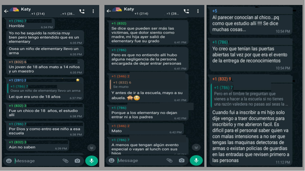 Screenshots of conversations after the Uvalde elementary school shooting in a WhatsApp group for Latino immigrants. Participants shared doubts, speculations, and details they received from other sources. (Source: DFRLab)