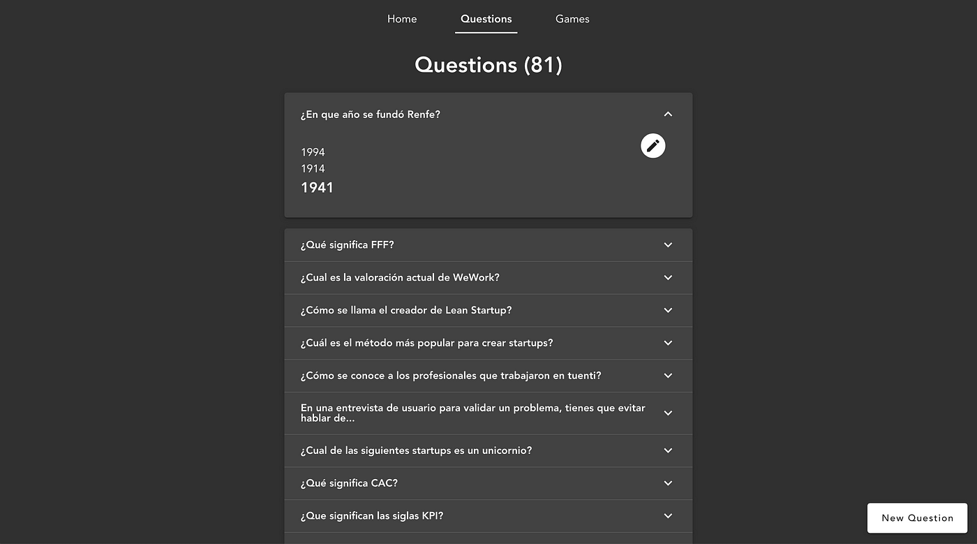 A dashboard with the list of questions and answers, editable.