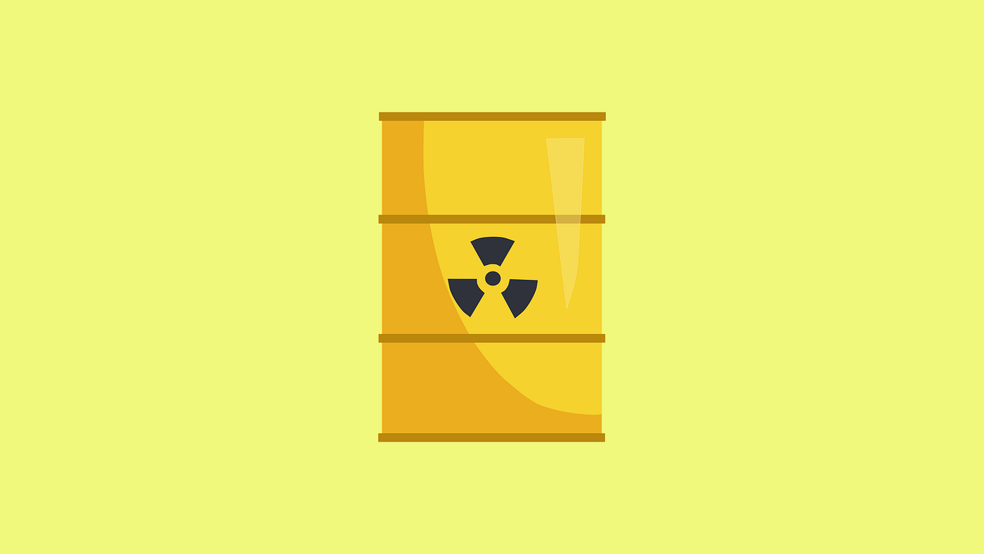 A barrel of nuclear waste on yellow background.