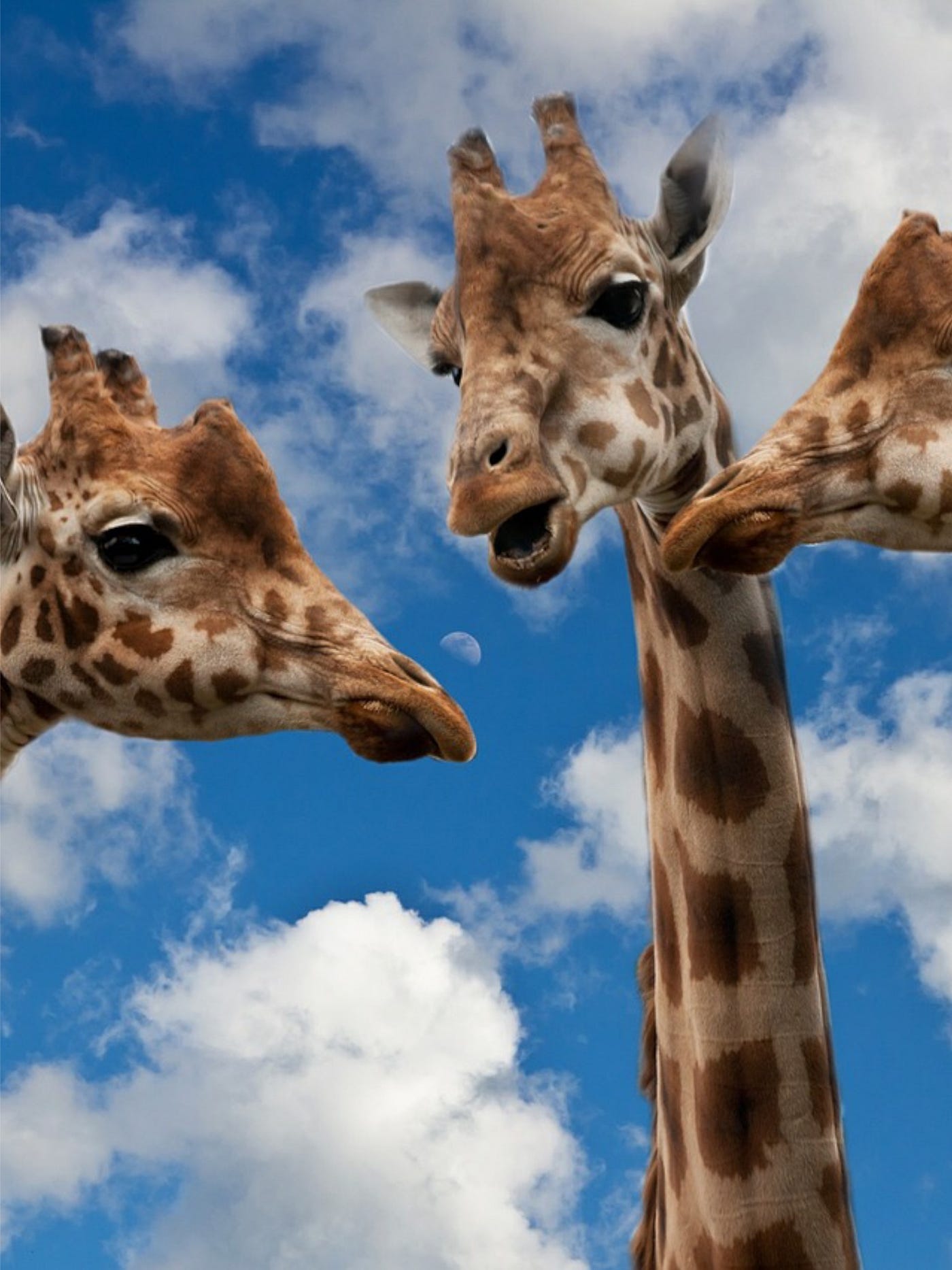 Color photo of three giraffes up close with blue sky, scattered clouds background.