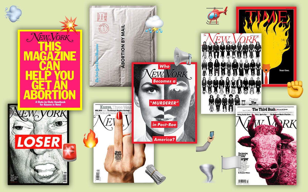 The image shows the covers of different magazines, carrying various political messages.