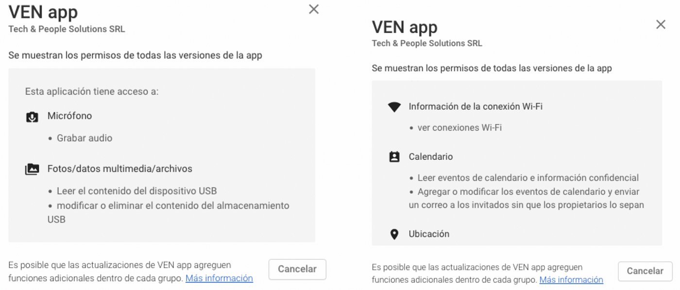Permisos solicitados por VENapp (Parte I)