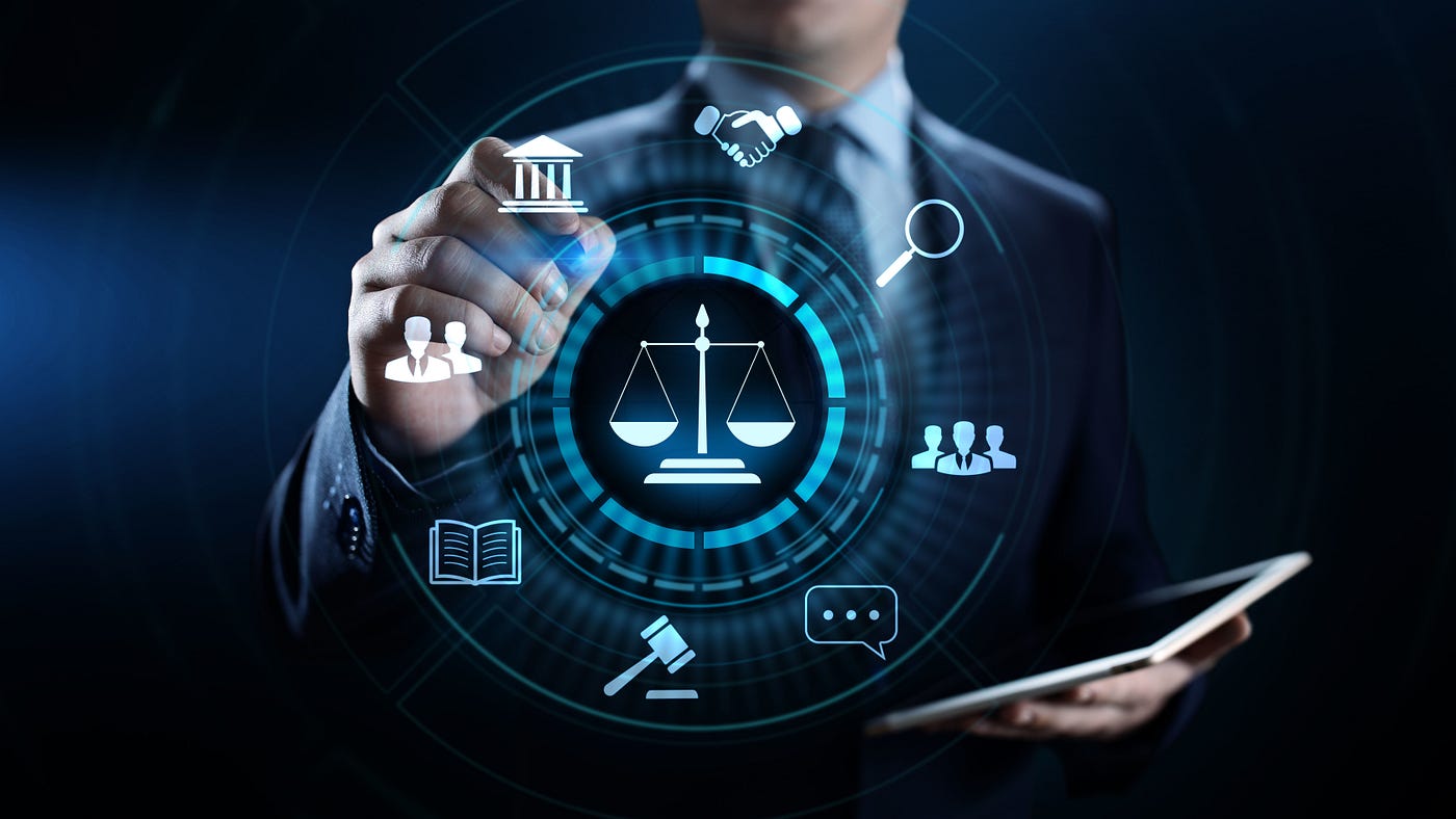 Man holding a tablet and pen pointing to legal systems like scale, magnifying glass, book, mallet, quote, handshake, figures