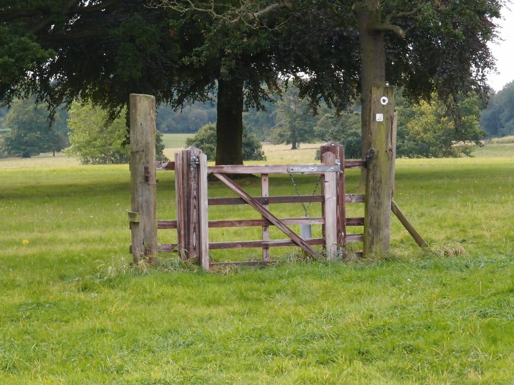 In a field a closed gate stands- but there is no fence on either side!