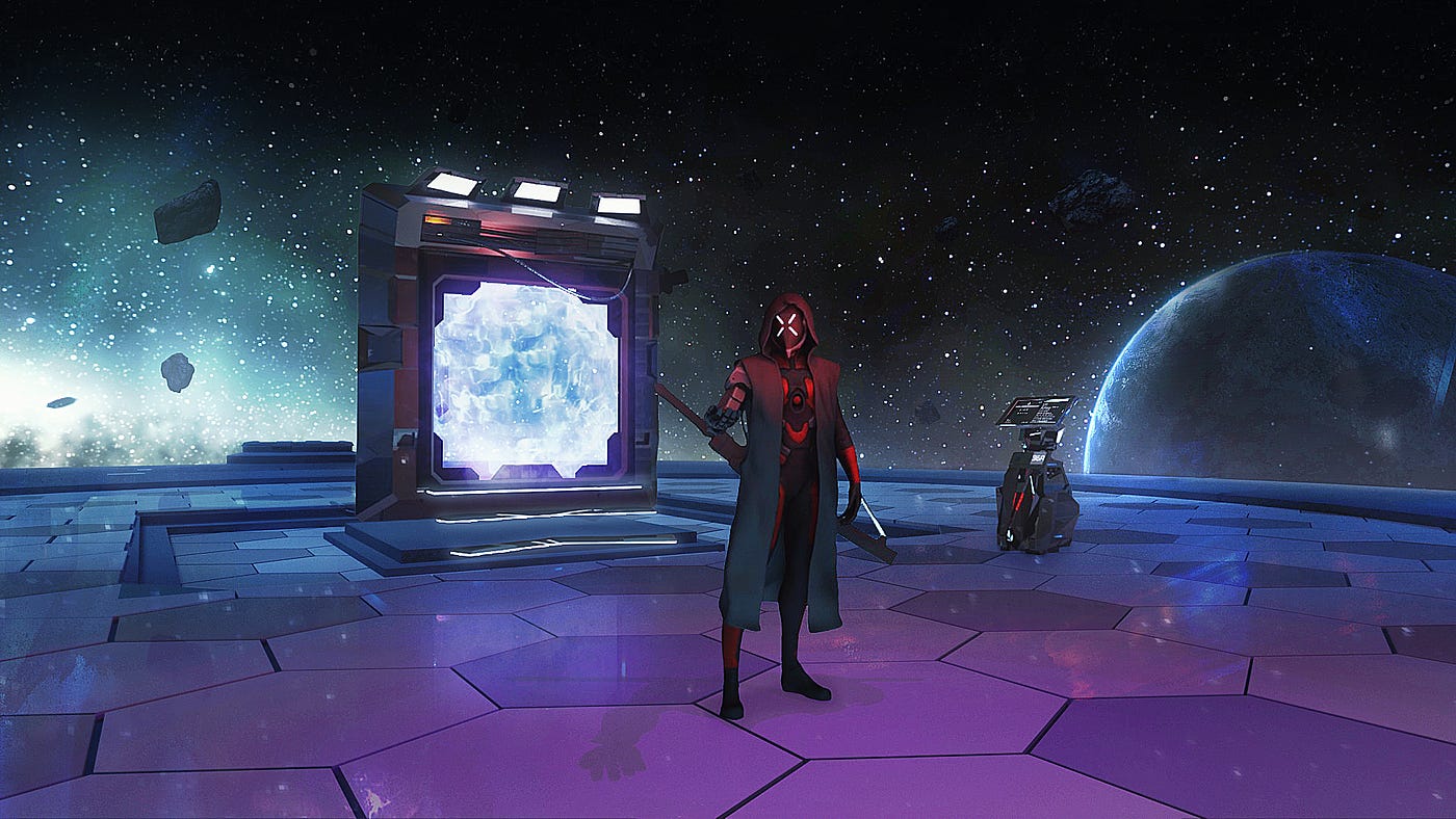 A masked man stands in front of a portal on Elysium