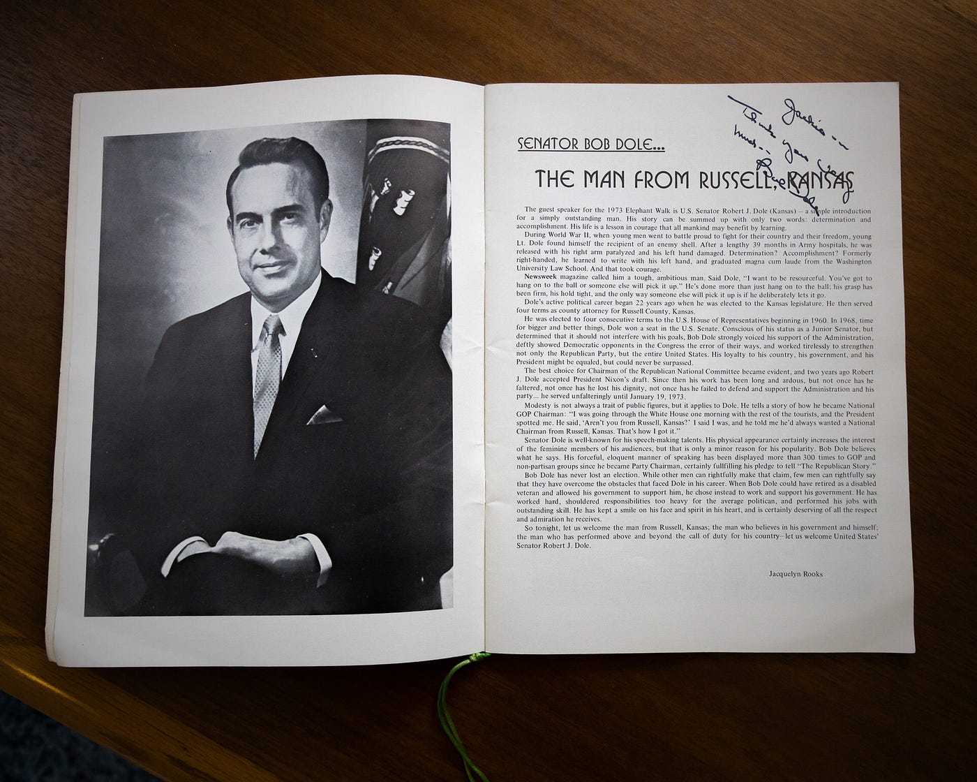 Program featuring Bob Dole bio from the 1973 Dade County Lincoln Day Dinner